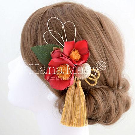 赤と茶色の椿のリボンの髪飾りセット（卒業式・袴・ちりめん細工）
