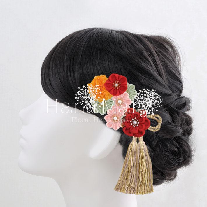 アンティーク風 旨かっ つまみ細工とカスミソウとメタルフラワーの髪  