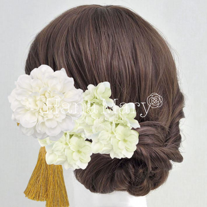 ダリアとあじさいの髪飾り