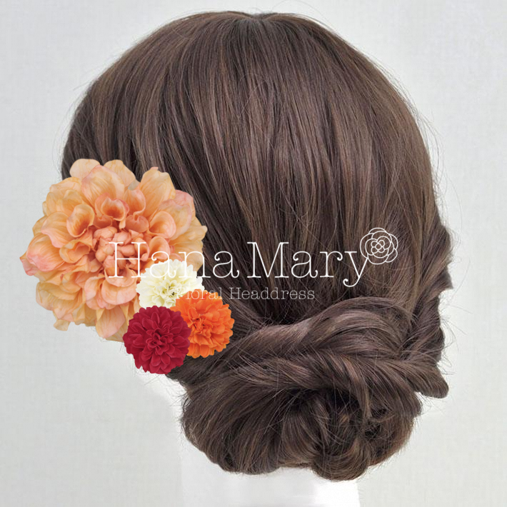 ピーチダリアとマムの髪飾り