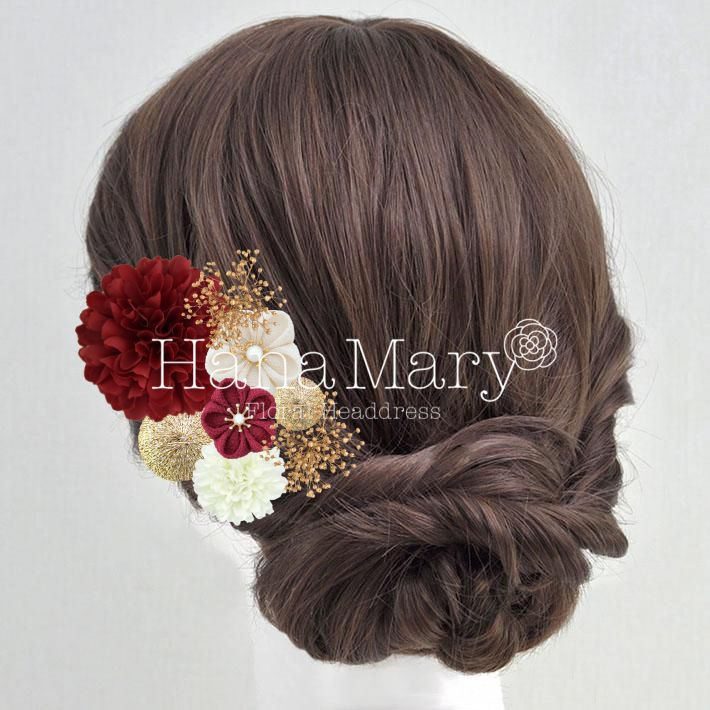 フリルマムとつまみ細工の髪飾り