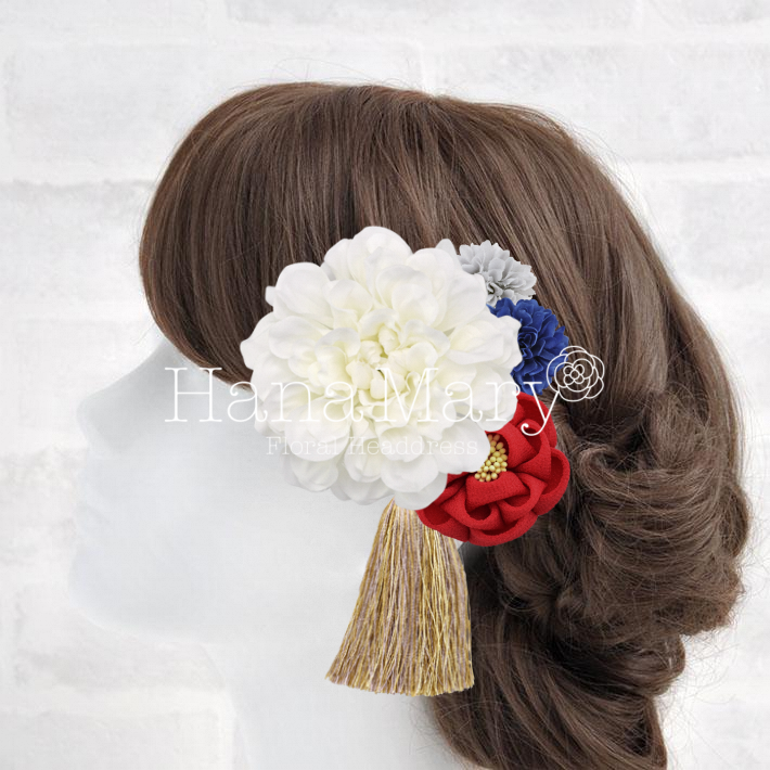 ダリアとつまみ細工の髪飾り