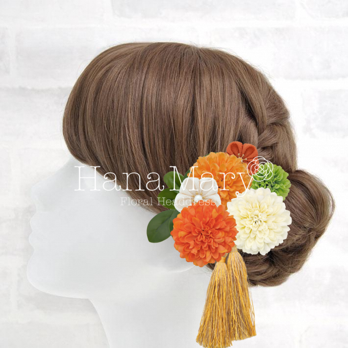 オレンジ系マムの髪飾り