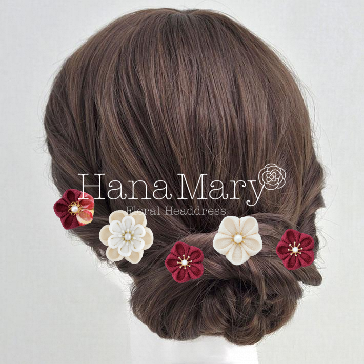 つまみ細工ボルドーホワイト