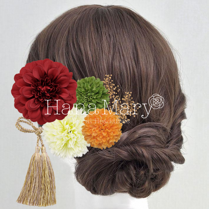 ジニアとピンポンマムの和装髪飾り