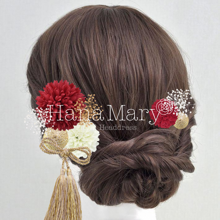 紅白マムの髪飾り