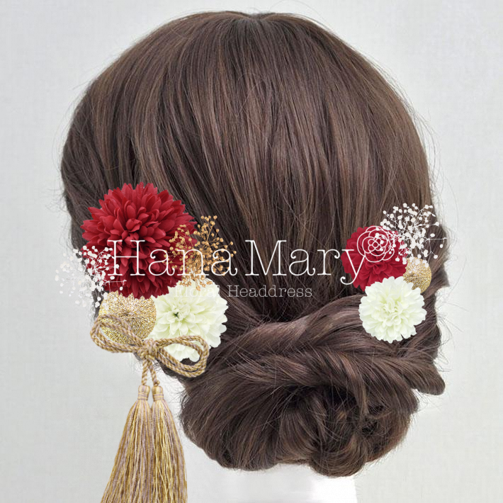 紅白マムの髪飾り　盛り盛り