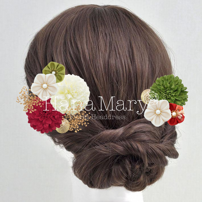 マムとつまみ細工の髪飾り【赤緑】