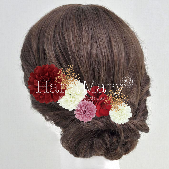 ピンポンマムとかすみ草の髪飾り