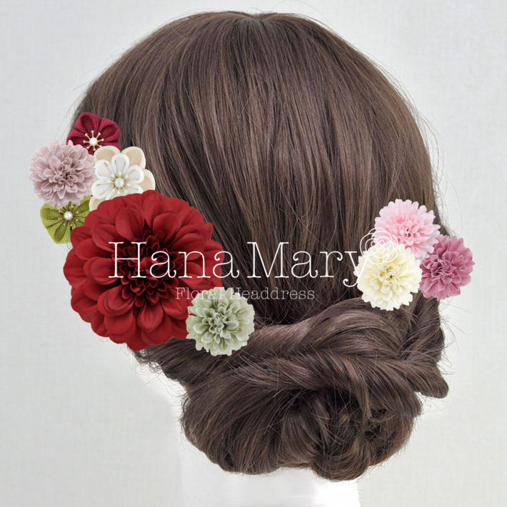 大きなジニアとピンポンマムの髪飾り