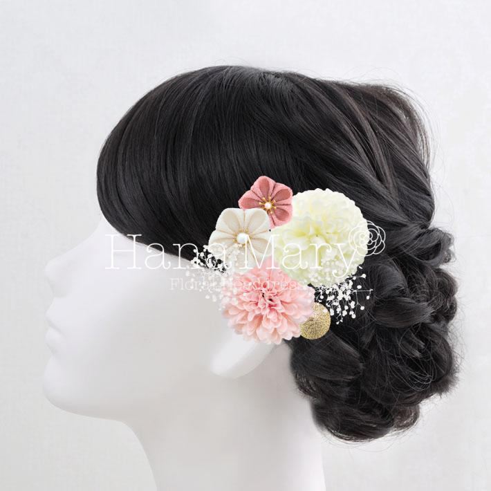 つまみ細工と手毬マム【淡桃】