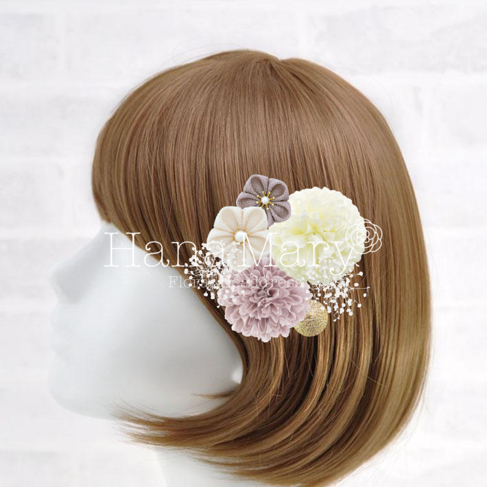 つまみ細工と手毬マム【淡灰】