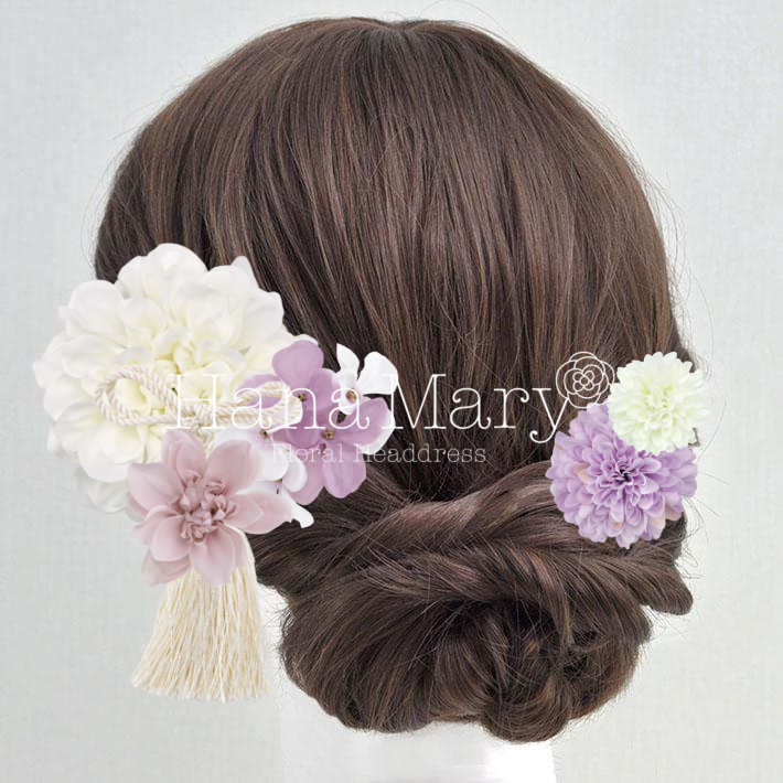白いダリアと紫マムの可憐な髪飾り