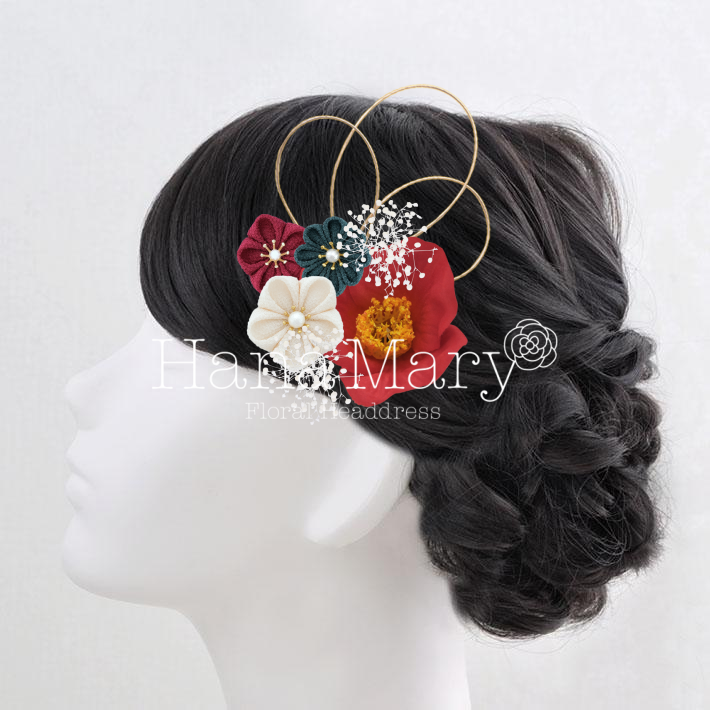 赤い着物向けレトロ椿の髪飾り