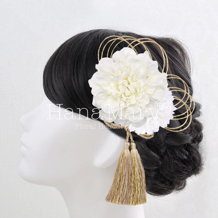 白ダリアとゴールドの髪飾り