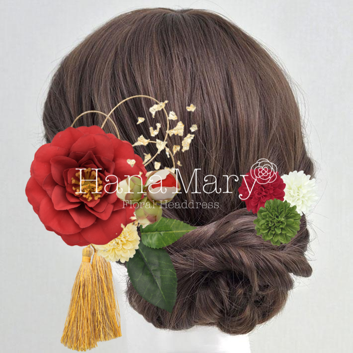 椿と水引、金箔