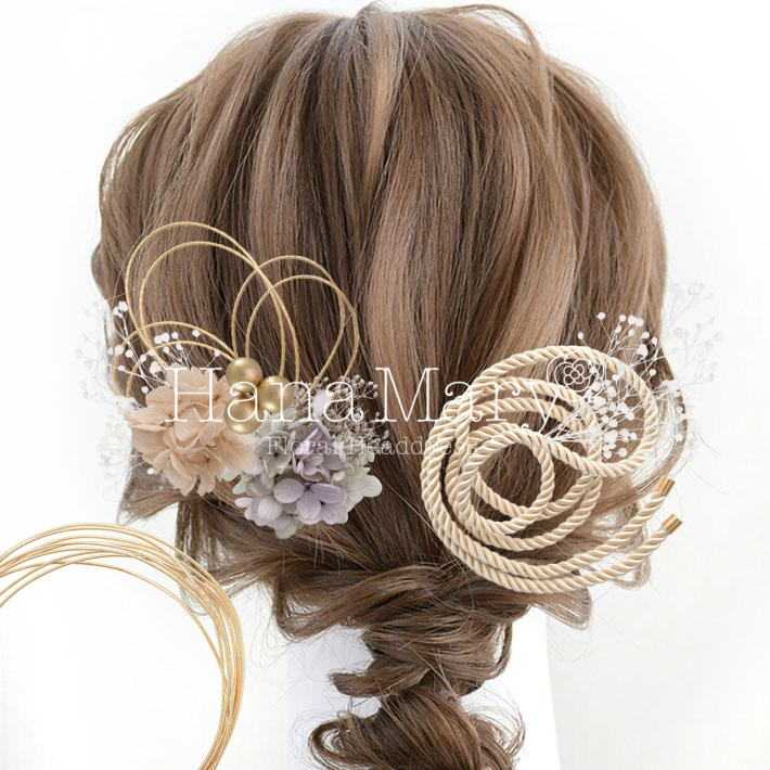 ひも編み下ろし　グレーとベージュのアジサイ