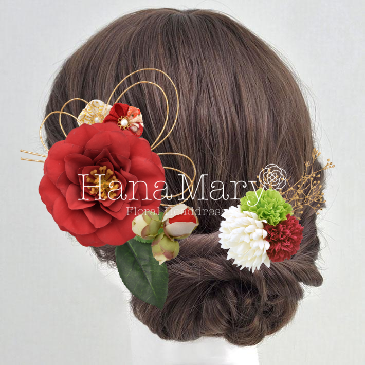 ツバキとつまみ細工の和風髪飾り