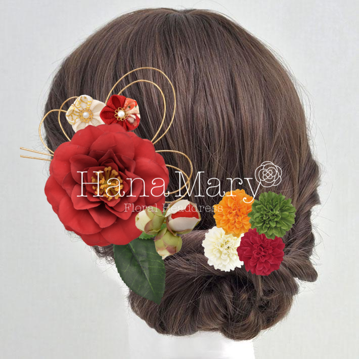 ツバキとつまみ細工の和風