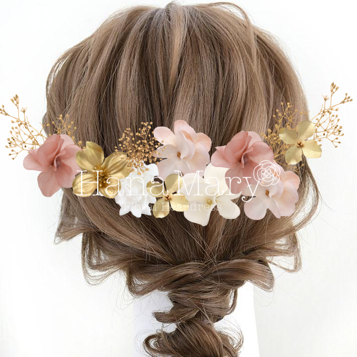 かすみ草とあじさいの髪飾り