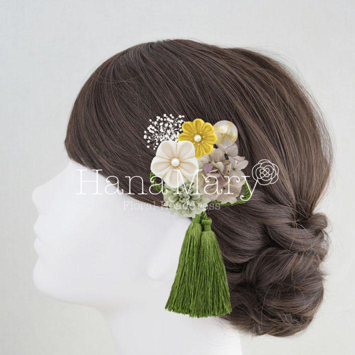 つまみ細工の緑アレンジ