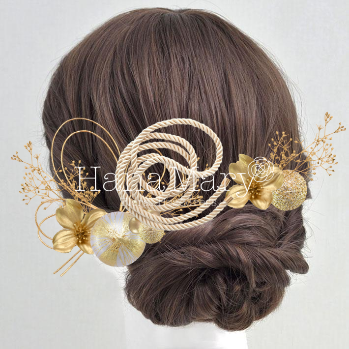 シャンパンゴールドの椿や桜の髪飾り