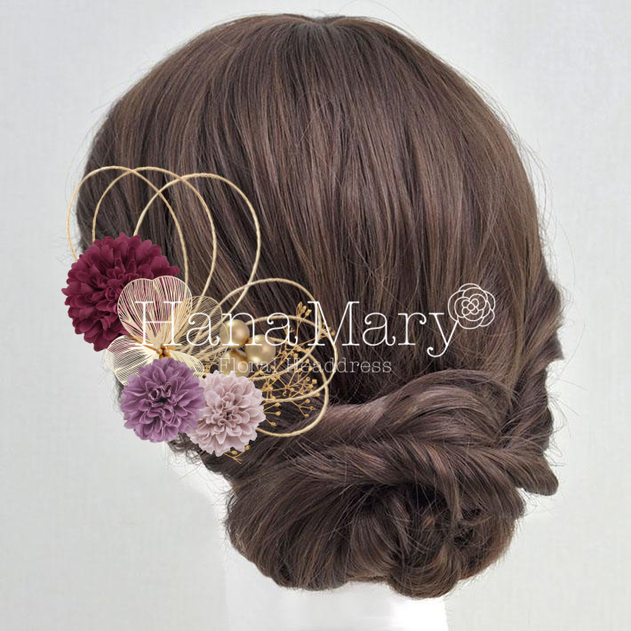 ピンポンマムとワイヤーの繊細髪飾り