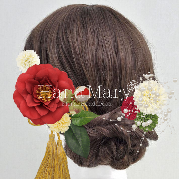 ツバキとピオニーの髪飾り