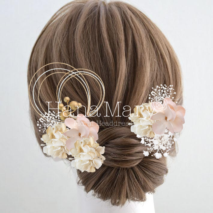 ゴールド＆ピーチの紫陽花とかすみ草