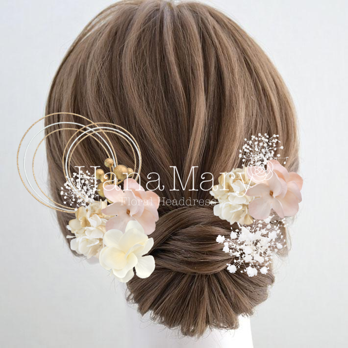 ゴールド＆ピーチの紫陽花とかすみ草