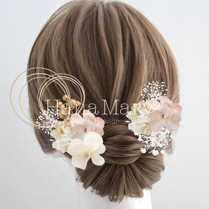 ゴールド＆ピーチの紫陽花とかすみ草