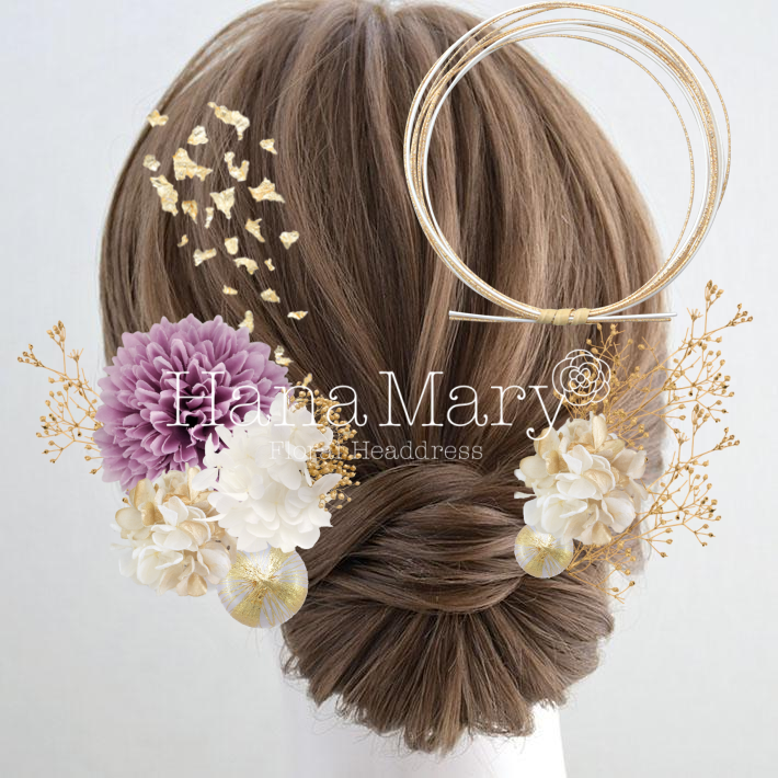 紫とゴールドの水引き髪飾り