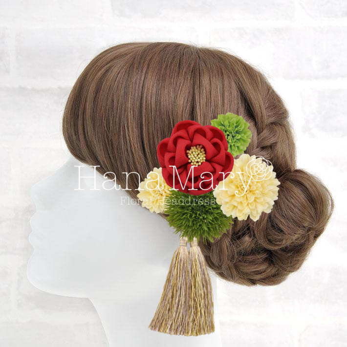 つまみ細工赤、ピンポンマムS