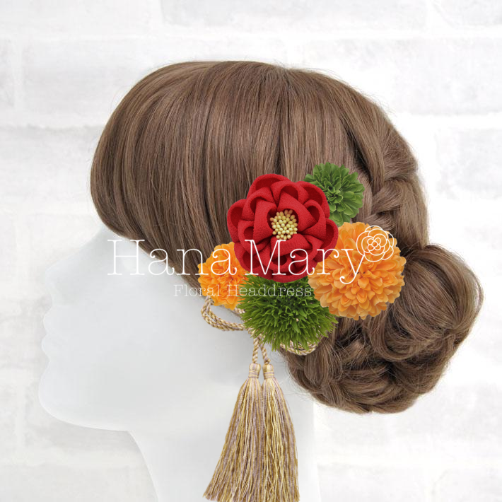 つまみ細工赤、ピンポンマムS