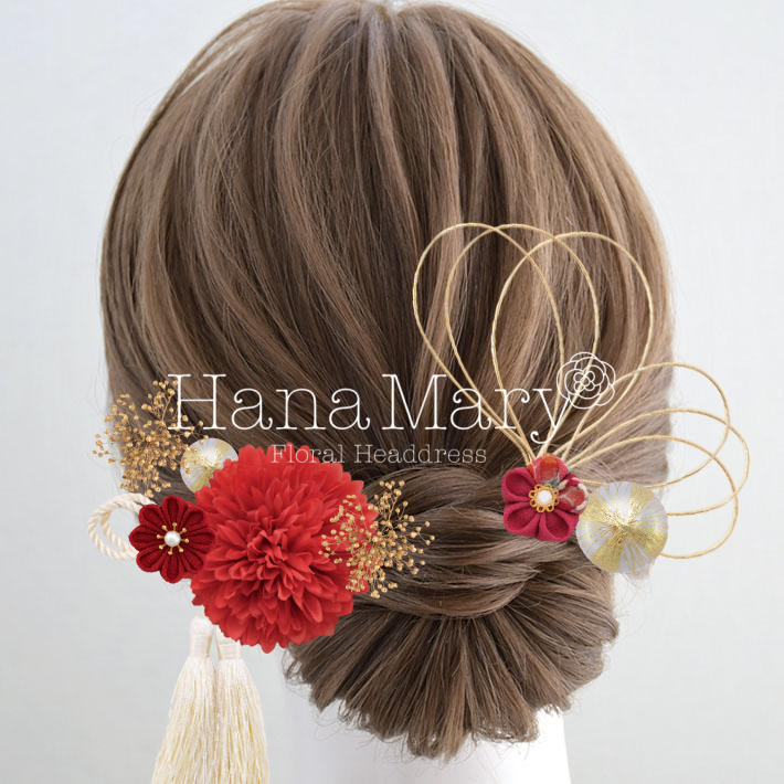 ピンポンマムMサイズに変更、タッセル追加　つまみ細工左右違い