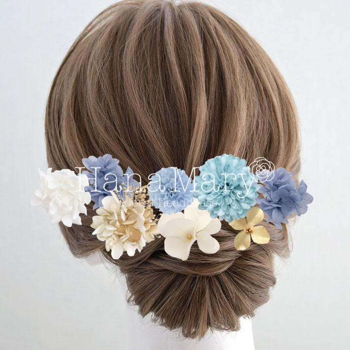 紫陽花、ピンポンマム（青）