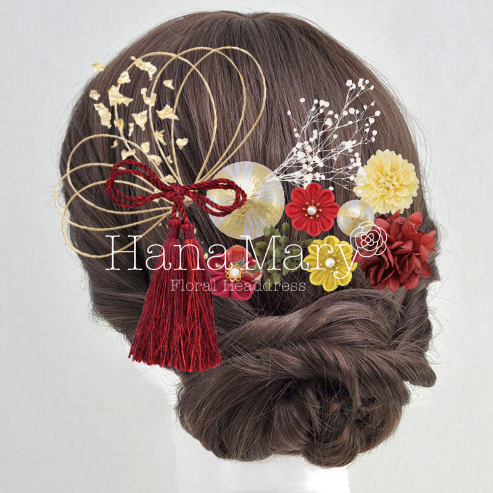 水引きと花の髪飾り