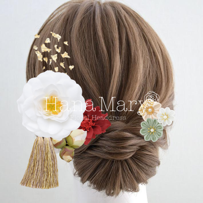 白椿とつまみ細工　白薄緑