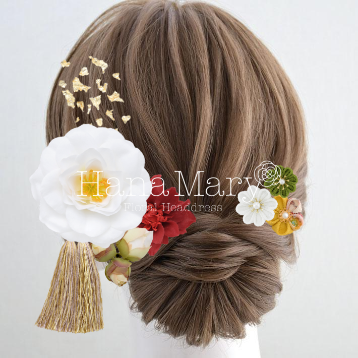 白椿とつまみ細工　白抹茶と赤