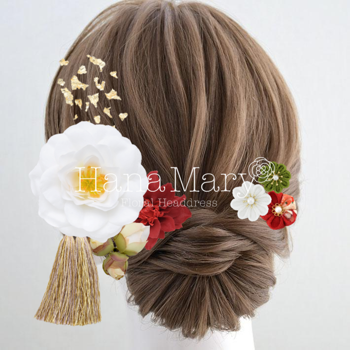 白椿とつまみ細工　白抹茶と赤