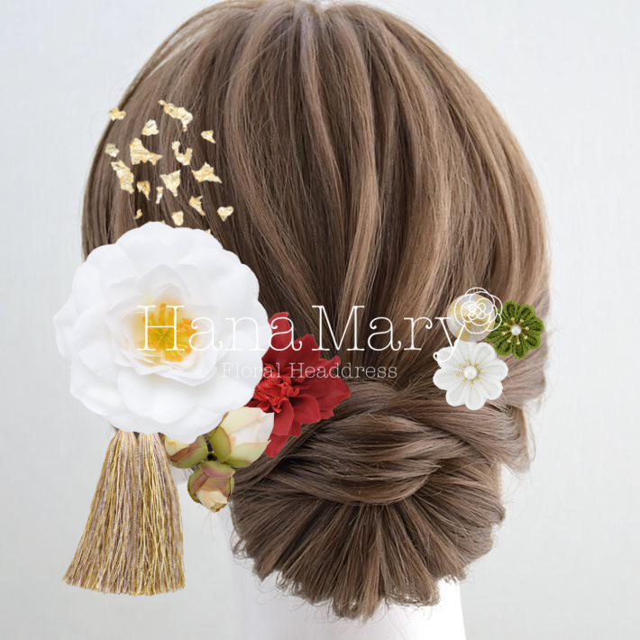 白椿とつまみ細工　白抹茶とボール