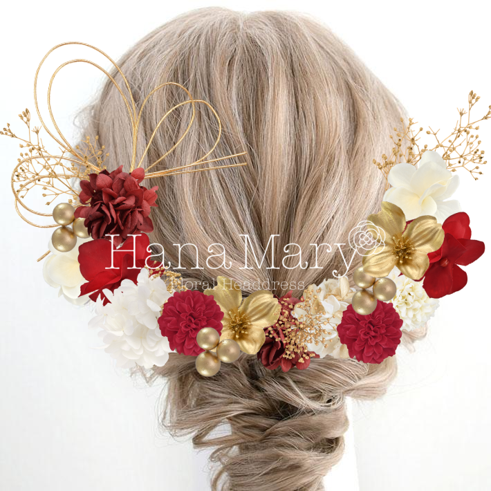 小花を華やかに散りばめて【赤 白 ゴールド】　ピンポン赤