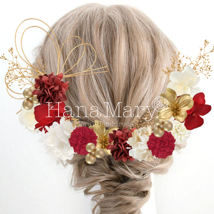 小花を華やかに散りばめて【赤 白 ゴールド】　ピンポン赤