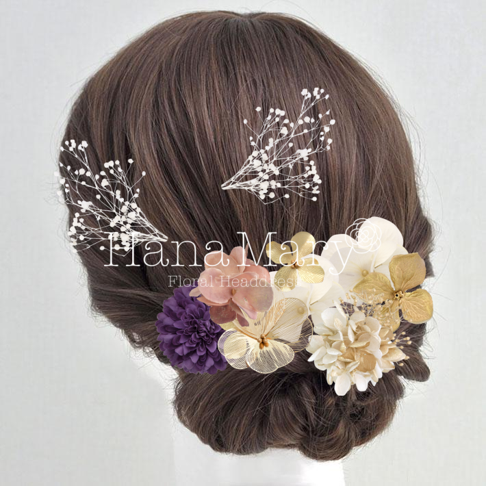 ピンクの花とゴールド髪飾り