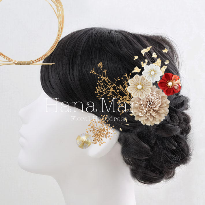 ベージュ金箔英アレンジ柄赤