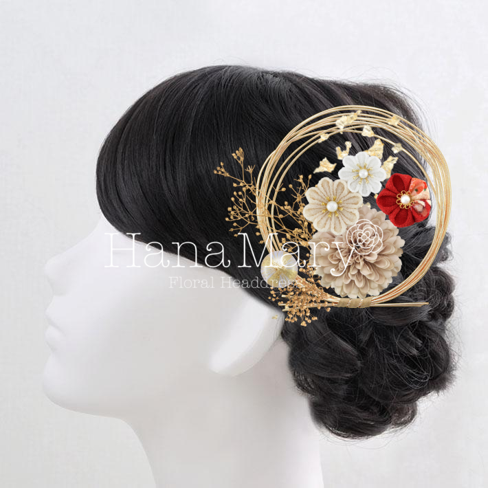 ベージュ金箔英アレンジ柄赤