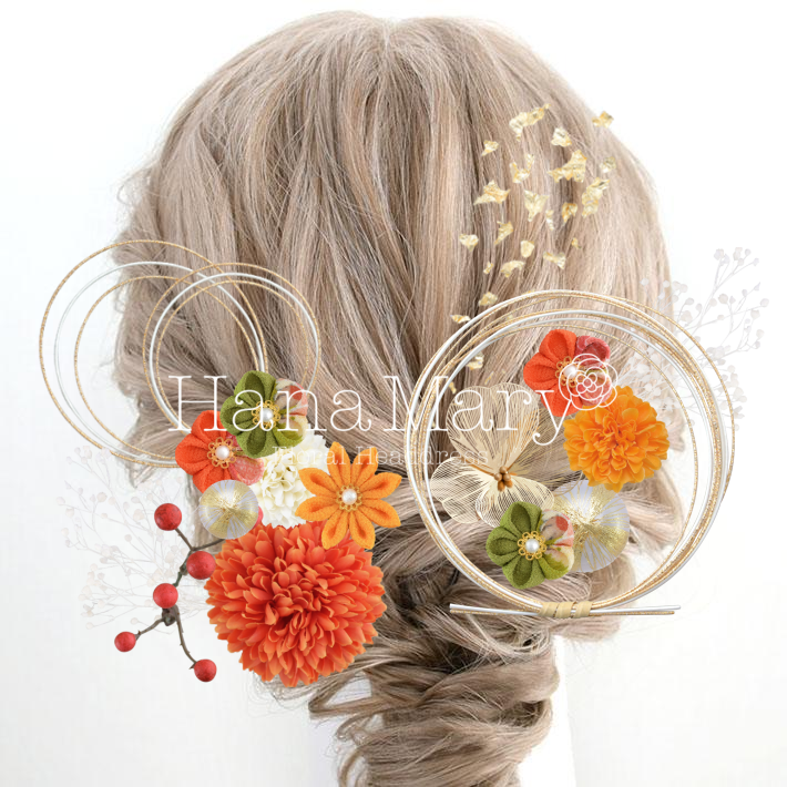 プレミアムマムとつまみ細工の髪飾り