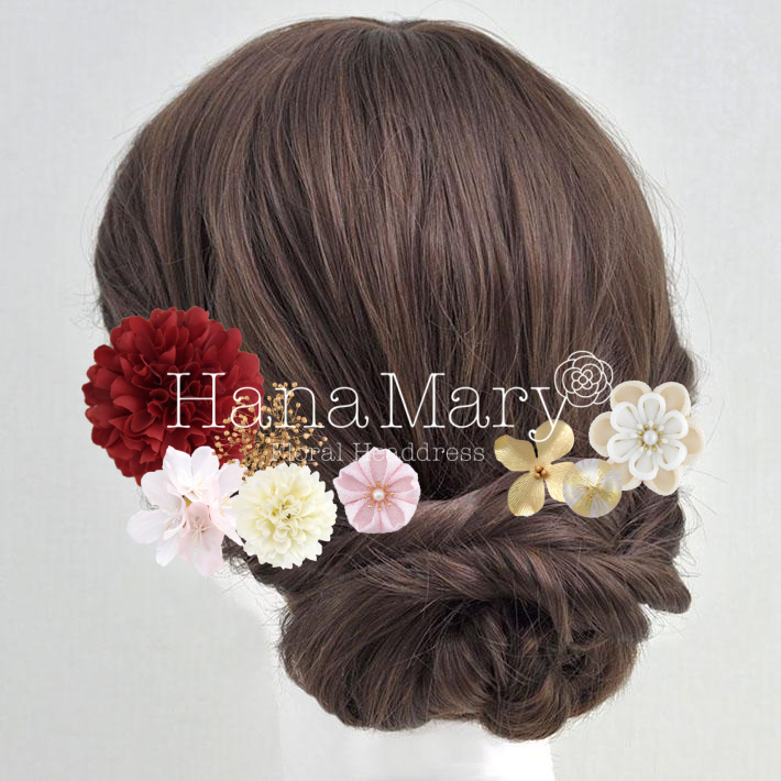 菊・桜・かすみ草の髪飾り　まとめ髪