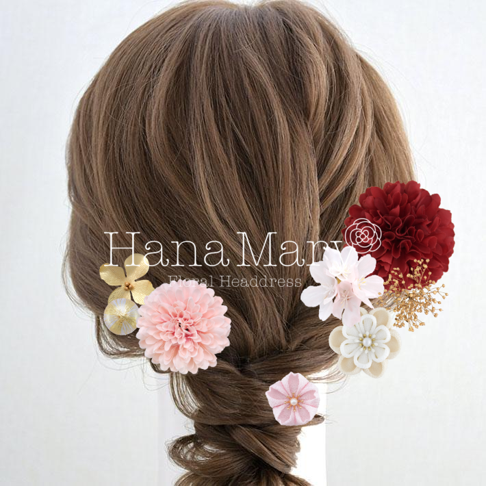 菊・桜・かすみ草の髪飾り　編みおろし　少なめver