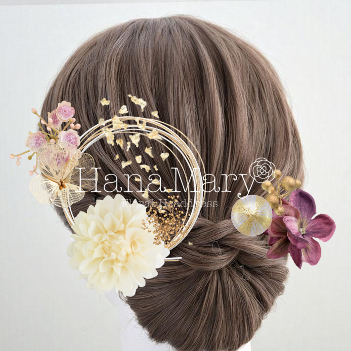 大きなダリアと紫陽花の髪飾り